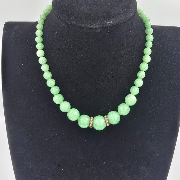 Estate Jewelry - Antique Green Peking Glass Necklace Bead Rhinestone Choker 14"